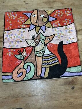 Kashmiri Crewelwork Tapestry Cat Family Pillow Cover